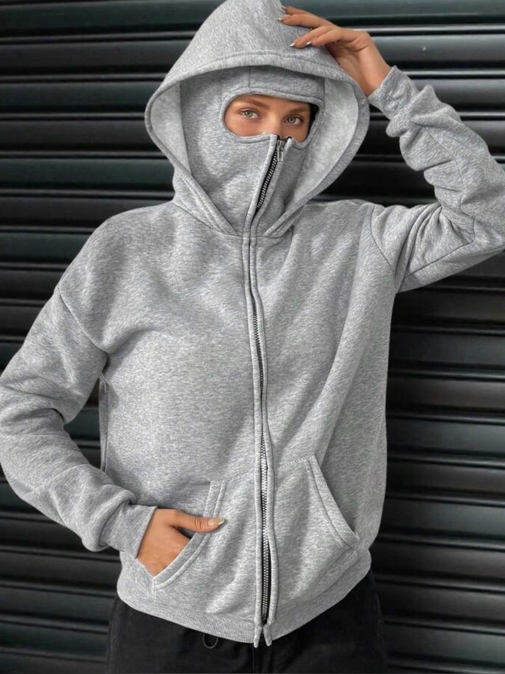 Men's Zip-Up Hoodie with Integrated Face Cover - Grey